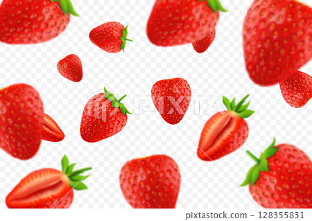Falling juicy ripe strawberry with green leaves isolated on transparent background. Flying defocusing strawberry berries. Applicable for juice advertising. Vector 3d realistic illustration. 128355831