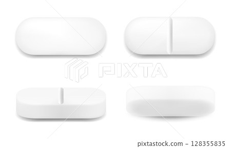 Realistic oval pills isolated on white background. Can be used for medical and cosmetic. 3d vector illustration, Isolated on white background. 128355835