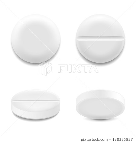 Realistic round pills and capsules mockup style. The concept of medicine and health, isolated on white background. 3d vector illustration. Can be used for medical and cosmetic. 128355837