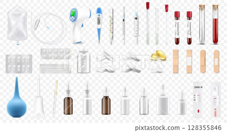 Medical equipment and first aid kit. Realistic 3d medical emergency icon set with pills, enema, injection syringe, nasal spray, test tubes, dropper, thermomete, isolated detailed objects. Medical equipment and first aid kit. Realistic 3d medical emergency icon set with pills, enema, injection syringe, nasal spray, test tubes, dropper, thermomete, isolated detailed objects. 128355846