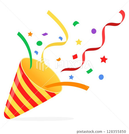 Exploding party popper with confetti, bright cartoon birthday cracker. Isolated vector illustration of celebration symbol emoji. Flat design Exploding party popper with confetti, bright cartoon birthday cracker. Isolated vector illustration of celebration symbol emoji. Flat design 128355850