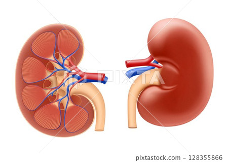 Human kidney. Internal organs anatomy. Urinary system. Realistic 3d Vector illustration. Human kidney. Internal organs anatomy. Urinary system. Realistic 3d Vector illustration. 128355866