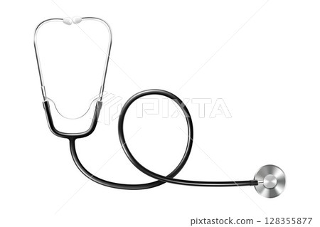 Stethoscope stainless steel tool for diagnostics. Medical equipment. Acoustic device for auscultation, listening to internal sounds. Vector 3d realistic stethoscope isolated on white background. 128355877