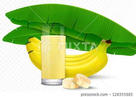 Fruit healthy banana juice or banana smoothie in glass. Bunch of bananas, leaves from a banana palm. Realistic 3d vector illustration isolated on transparent background 128355885