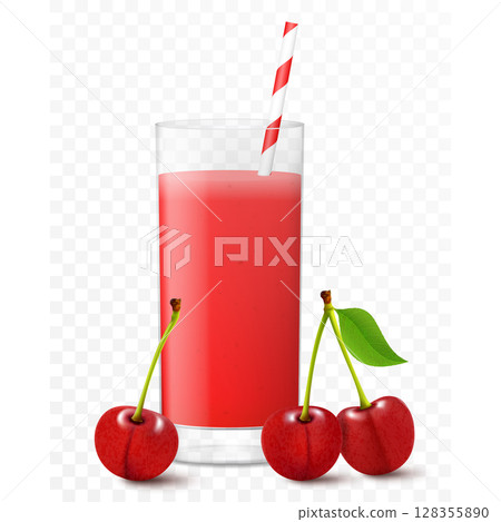 Glass of fresh cherry juice with berries and striped straw for cocktails, isolated on transparent background. Smoothies of red cherry. Realistic 3d vector illustration for advertising Glass of fresh cherry juice with berries and striped straw for cocktails, isolated on transparent background. Smoothies of red cherry. Realistic 3d vector illustration for advertising 128355890
