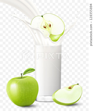 Apple falling in a glass of milk or yogurt. Sweet milk splashes. Fruit milkshake advertising banner, yogurt jet, flying drops, white drink in glass cup, Realistic 3d vector illustration, isolated Apple falling in a glass of milk or yogurt. Sweet milk splashes. Fruit milkshake advertising banner, yogurt jet, flying drops, white drink in glass cup, Realistic 3d vector illustration, isolated 128355894
