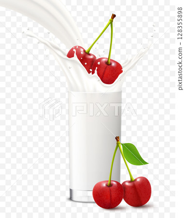 Cherry falling in a glass of milk or yogurt. Sweet milk splashes. Fruit milkshake advertising banner, yogurt jet, flying drops, white drink in glass cup, Realistic 3d vector illustration, isolated Cherry falling in a glass of milk or yogurt. Sweet milk splashes. Fruit milkshake advertising banner, yogurt jet, flying drops, white drink in glass cup, Realistic 3d vector illustration, isolated 128355898