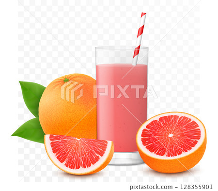 Grapefruit juice or smoothie in glass with straw. Whole, half and piece of red grapefruit with leaf, isolated on transparent background. Realistic 3d vector illustration Grapefruit juice or smoothie in glass with straw. Whole, half and piece of red grapefruit with leaf, isolated on transparent background. Realistic 3d vector illustration 128355901