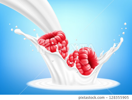 Fresh raspberry in a splash of milk or yogurt. Fresh berry falls into the milk. 3d realistic vector illustration, isolated on blue background. Sweet food. Organic fruit. Fresh raspberry in a splash of milk or yogurt. Fresh berry falls into the milk. 3d realistic vector illustration, isolated on blue background. Sweet food. Organic fruit. 128355905