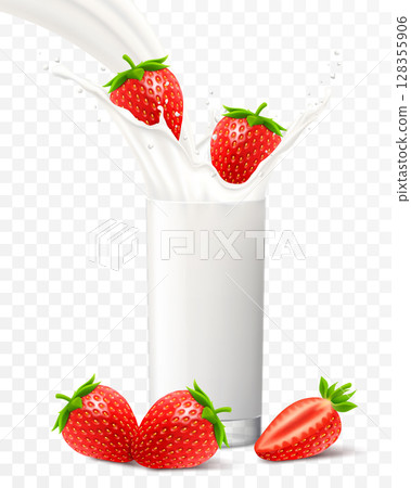 Strawberry falling in a glass of milk or yogurt. Sweet milk splashes. Fruit milkshake advertising banner, yogurt jet, white drink in glass cup, Realistic 3d vector illustration, isolated Strawberry falling in a glass of milk or yogurt. Sweet milk splashes. Fruit milkshake advertising banner, yogurt jet, white drink in glass cup, Realistic 3d vector illustration, isolated 128355906