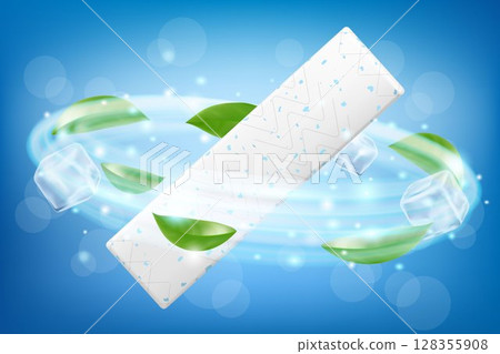 Chewing gum, with ice cubes and mint leaves. Green leaves spearmint for fresh breathing. Chewing gums for healthy teeth and dental hygiene. Refreshing sweet candy, isolated on white background. Realis 128355908