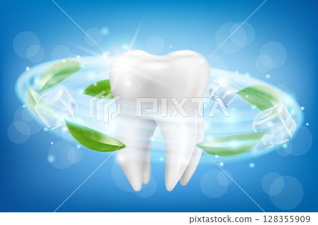 Giant tooth model and dynamic whitening effect. Dental care product package design for toothpaste poster or advertising. Realistic 3d Vector illustration. Giant tooth model and dynamic whitening effect. Dental care product package design for toothpaste poster or advertising. Realistic 3d Vector illustration. 128355909