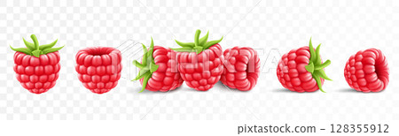 Collection of ripe raspberries isolated on background. Natural summer fruit, realistic 3d vector illustration. Ingredient for juices, jams, yogurts, compotes. Mockup for package 128355912