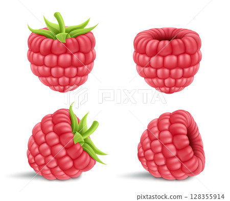 Collection of ripe raspberries isolated on background. Natural summer fruit, realistic 3d vector illustration. Ingredient for juices, jams, yogurts, compotes. Mockup for package design 128355914