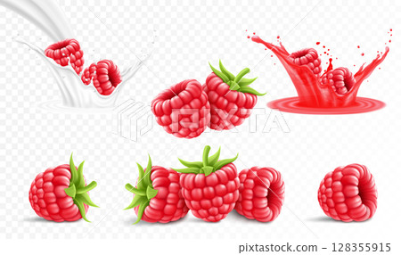 Collection of ripe raspberries isolated on transparent background. Raspberry in a splash of juice with drops, raspberries in a splash of milk or yogurt, 3d realistic vector set. 128355915