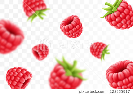 Raspberry background. Flying raspberry with green leaf on transparent background. Raspberry falling from different angles.Focused and blurry objects. 3D realistic vector. 128355917