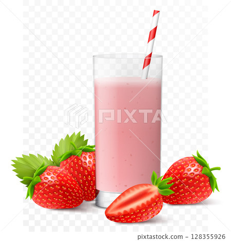 Strawberry juice, cocktail, smoothie or yogurt in glass with straw. Whole and half of strawberry, isolated on transparent background. Realistic 3d vector illustration Strawberry juice, cocktail, smoothie or yogurt in glass with straw. Whole and half of strawberry, isolated on transparent background. Realistic 3d vector illustration 128355926