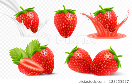Whole and slice of strawberry, strawberry in a splash of juice with drops, strawberry in a splash of milk or yogurt, 3d realistic vector set, isolated on transparent background 128355927