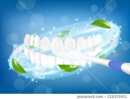 Teeth brushing. Toothbrush cleaning white healthy teeth. Stomatological procedure, oral health. Tooth protection, caries prevention dental clinic service, hygiene routine. Realistic 3d vector banner Teeth brushing. Toothbrush cleaning white healthy teeth. Stomatological procedure, oral health. Tooth protection, caries prevention dental clinic service, hygiene routine. Realistic 3d vector banner 128355931