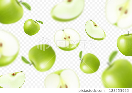 Flying colorful apples. Advertising background falling green apples realistic with blurred effect. 3d vector 128355933