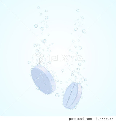 Tablet with bubbles. Effervescent dissolving aspirin tablets in carbonated water. Effervescent soluble tablets. Sparkling water bubble trails. Realistic 3d vector 128355937