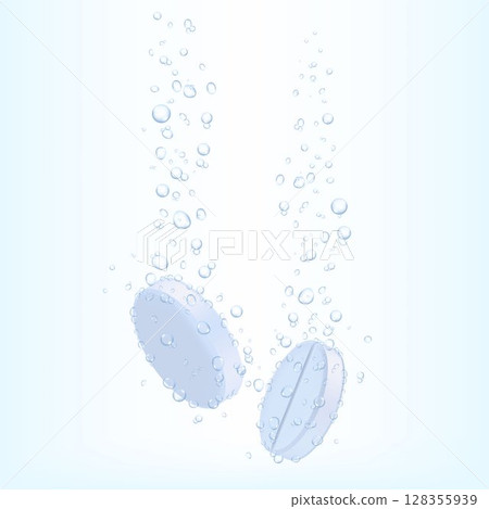Tablet with bubbles. Effervescent dissolving aspirin tablets in carbonated water. Effervescent soluble tablets. Sparkling water bubble trails. Realistic 3d vector 128355939