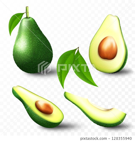 Set of fresh whole, half, cut slice and leaves avocado isolated on white background. Summer fruits for healthy lifestyle. Organic fruit. Realistic style. Vector 3d illustration Set of fresh whole, half, cut slice and leaves avocado isolated on white background. Summer fruits for healthy lifestyle. Organic fruit. Realistic style. Vector 3d illustration 128355940