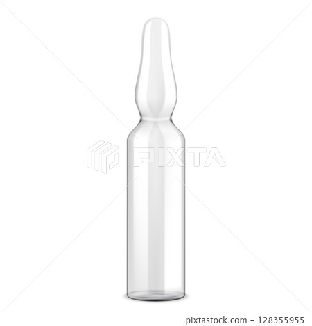 Medical ampoule isolated on white. Realistic 3d Vector illustration of blank glass transparent ampule. Vaccine packing, virus antibody, pharmaceutical container packaging. Clinical dose. Medical ampoule isolated on white. Realistic 3d Vector illustration of blank glass transparent ampule. Vaccine packing, virus antibody, pharmaceutical container packaging. Clinical dose. 128355955