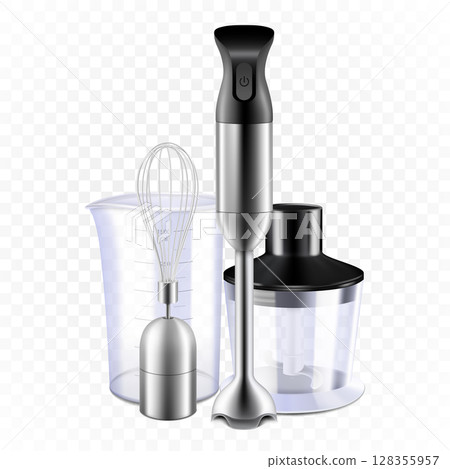 Realistic Blender, Set of Food Processor And Whisk Tools. Immersion Blender Measuring Cup And Container With Cut Sharp Blade. Electronic Appliance For Cooking. Isolated 3d Vector illustration Realistic Blender, Set of Food Processor And Whisk Tools. Immersion Blender Measuring Cup And Container With Cut Sharp Blade. Electronic Appliance For Cooking. Isolated 3d Vector illustration 128355957
