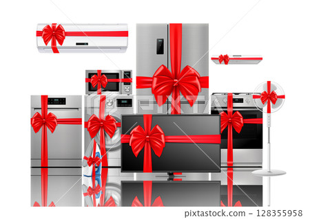 Household and kitchen appliances with red ribbon and bow: microwave oven, refrigerator, vacuum cleaner, blender, toaster. Gift concept. Realistic 3D vector, isolated. Electric device. 128355958