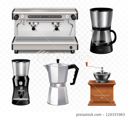 Different types of coffee makers and coffee machines. Coffee maker, professional coffee machine, Manual Coffee Grinder, Turkish coffee pot. Realistic 3d vector illustration Different types of coffee makers and coffee machines. Coffee maker, professional coffee machine, Manual Coffee Grinder, Turkish coffee pot. Realistic 3d vector illustration 128355963