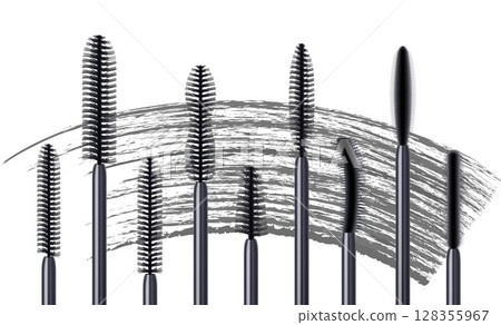 Set of eyelash brush a mascara tube and black brush stroke. Mascara fashion banner, template for advertising or magazine page, cosmetic object, beauty concept. Realistic 3d vector, isolated on white. 128355967