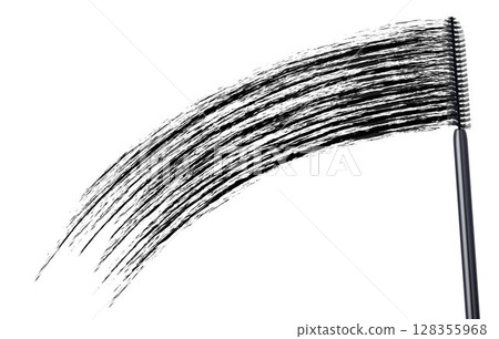 Mascara and black brush stroke, cosmetic object, beauty concept. Realistic 3d vector illustration, isolated on white background. Mascara fashion banner, template for advertising or magazine page. 128355968