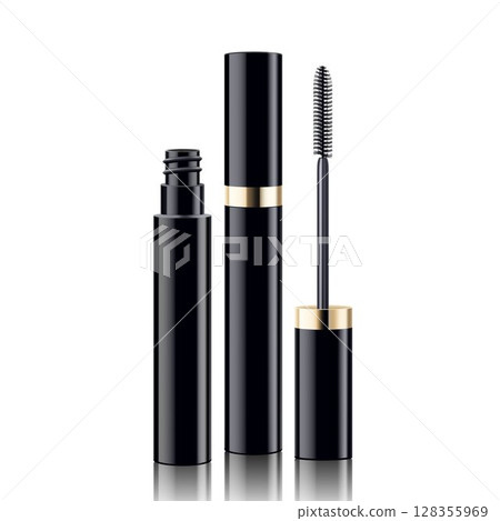 Mascara tube and a wand applicator. Cosmetic black bottle with eyelash brush. Isolated on white background. Realistic vector for web design, banners, posters, ad, advertising. Mascara tube and a wand applicator. Cosmetic black bottle with eyelash brush. Isolated on white background. Realistic vector for web design, banners, posters, ad, advertising. 128355969