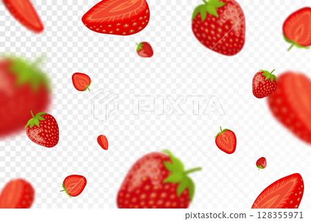 Falling juicy ripe strawberry with green leaves isolated on transparent background. Flying berries with defocused blur effect. Can be used for wallpaper, banner, poster, print, wrapping paper. Vector 128355971