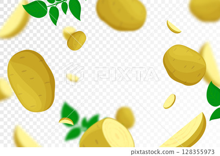 Falling potatoes isolated on transparent background. Flying whole and sliced potato vegetable with blurry effect. Can be used for advertising, packaging, banner, poster, print. vector flat design Falling potatoes isolated on transparent background. Flying whole and sliced potato vegetable with blurry effect. Can be used for advertising, packaging, banner, poster, print. vector flat design 128355973