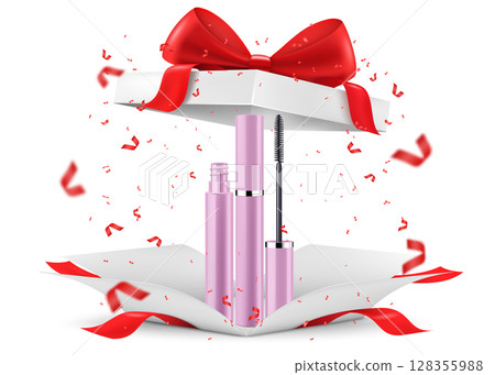Mascara inside open gift box, isolated on white background. White gift box with cosmetic items. Present, Gift, Surprise concept. 3D rendering Realistic vector illustration 128355988