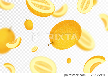 Falling melon, isolated on transparent background. Flying whole and sliced melon fruits with blurry effect. Can be used for advertising, packaging, banner, poster, print. Vector flat design Falling melon, isolated on transparent background. Flying whole and sliced melon fruits with blurry effect. Can be used for advertising, packaging, banner, poster, print. Vector flat design 128355991