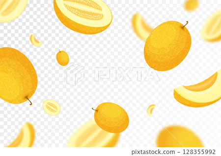 Falling melon, isolated on transparent background. Flying whole and sliced melon fruits with blurry effect. Can be used for advertising, packaging, banner, poster, print. Vector flat design 128355992