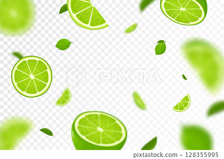 Flying fresh limes and lime slices background, seamless pattern with defocused blur effect. Can be used for wallpaper, banner, poster, print, fabric, wrapping paper. Vector flat design 128355995