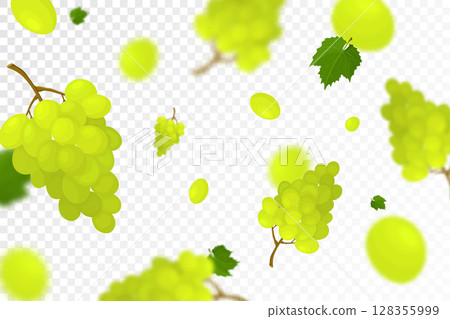 Falling juicy ripe grape with green leaves isolated on transparent background. Flying bunches of grapes with defocused blur effect. Can be used for wallpaper, banner, poster, print. Vector flat design Falling juicy ripe grape with green leaves isolated on transparent background. Flying bunches of grapes with defocused blur effect. Can be used for wallpaper, banner, poster, print. Vector flat design 128355999