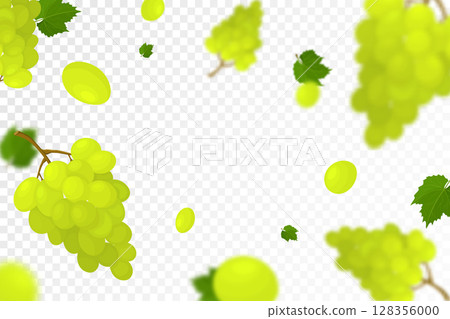 Falling juicy ripe grape with green leaves isolated on transparent background. Flying bunches of grapes with defocused blur effect. Can be used for wallpaper, banner, poster, print. Vector flat design 128356000