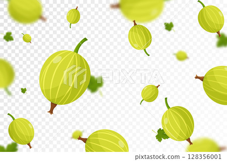 Flying gooseberry, seamless pattern background with blur effect. Falling Ripe gooseberry, isolated berries. Can be used for wallpaper, banner, poster, print, fabric, wrapping paper. vector flat design 128356001