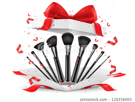 Professional facial makeup brushes inside open gift box. White gift box with red bow, isolated on white background. Present, Gift, Surprise concept. 3D realistic vector illustration isolated on white. Professional facial makeup brushes inside open gift box. White gift box with red bow, isolated on white background. Present, Gift, Surprise concept. 3D realistic vector illustration isolated on white. 128356003