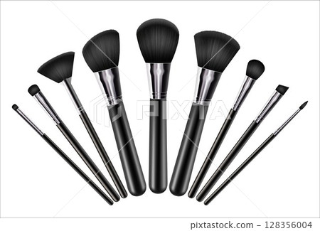 Professional facial makeup brushes. Cosmetic tools collection. Various fashion and beauty brushes for applying blush, Eye Shadow, concealer, powder. Realistic 3d vector. 128356004