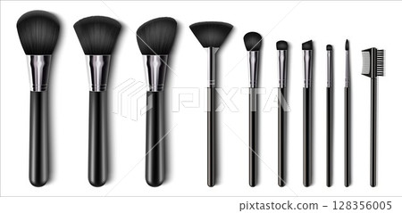 Professional facial makeup brushes. Cosmetic tools collection. Various fashion and beauty brushes for applying blush, Eye Shadow, concealer, powder. Realistic 3d vector. 128356005