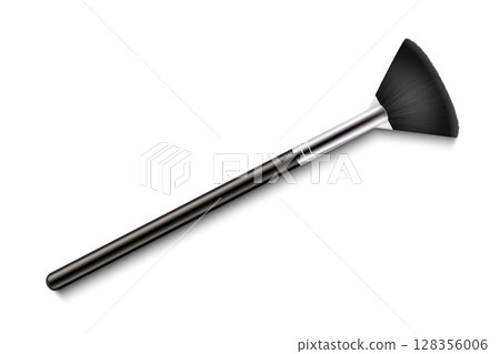 Brush for applying highlighter. Professional Makeup Brush with black handle isolated on white background. 3d realistic vector illustration. Brush for applying highlighter. Professional Makeup Brush with black handle isolated on white background. 3d realistic vector illustration. 128356006