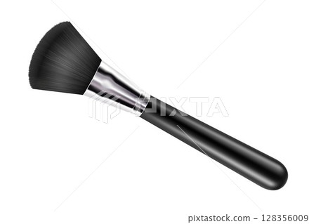 Black Clean Professional Makeup Powder Brush with black handle isolated on white background. 3d realistic vector illustration. Black Clean Professional Makeup Powder Brush with black handle isolated on white background. 3d realistic vector illustration. 128356009