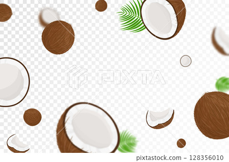 Flying coconuts, seamless pattern background with green palm leaves and halves of coconut with blurred effect, realistic 3d vector illustration. Falling coconuts isolated on transparent background 128356010