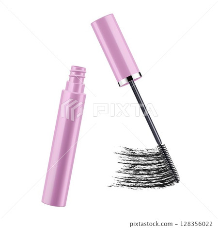 Mascara and black brush stroke, cosmetic object, beauty concept. Realistic 3d vector illustration, isolated on white background. Mascara fashion banner, template for advertising or magazine page. Mascara and black brush stroke, cosmetic object, beauty concept. Realistic 3d vector illustration, isolated on white background. Mascara fashion banner, template for advertising or magazine page. 128356022